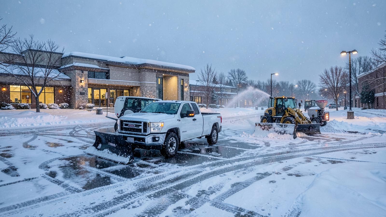 Commercial snow removal crew clearing a business parking lot with a plow truck, loader and salt spreader